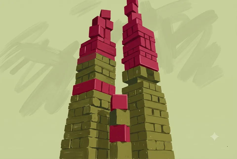 Two tall towers of olive and cranberry blocks rise against a sage ground