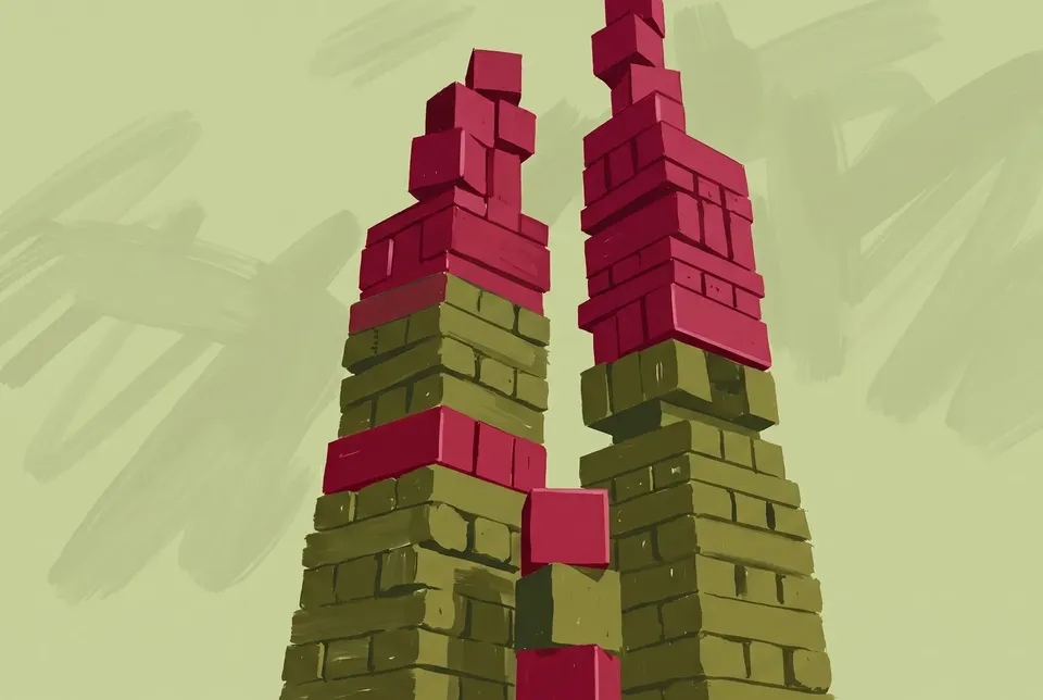 Two tall towers of olive and cranberry blocks rise against a sage ground