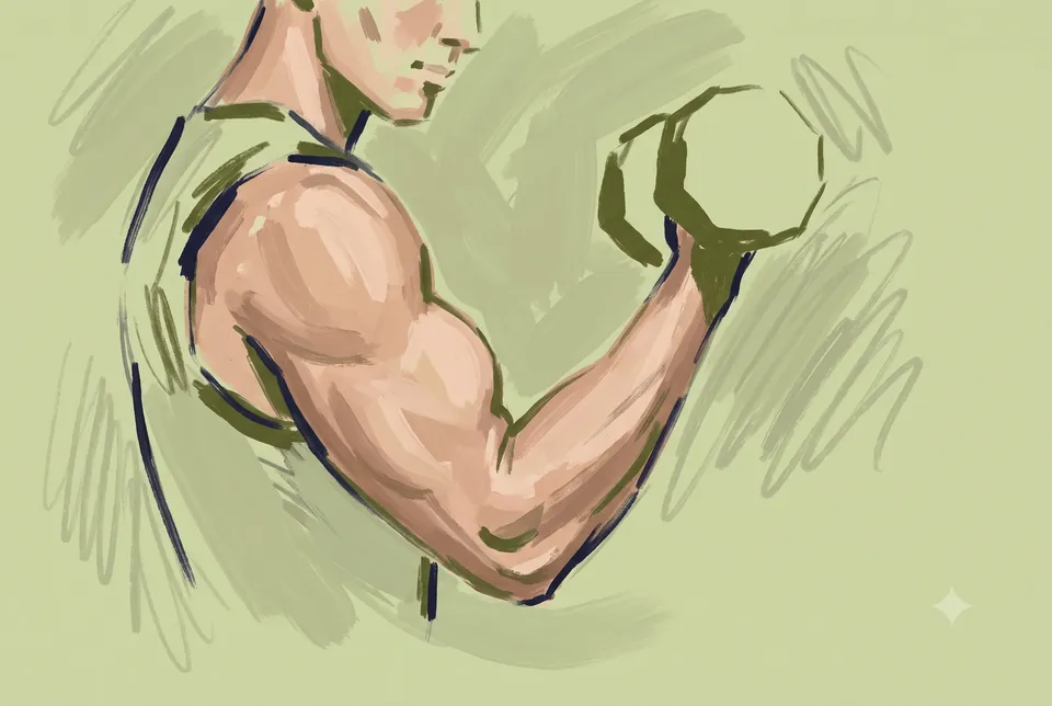 A muscular arm curls an olive dumbbell, painted on a sage ground