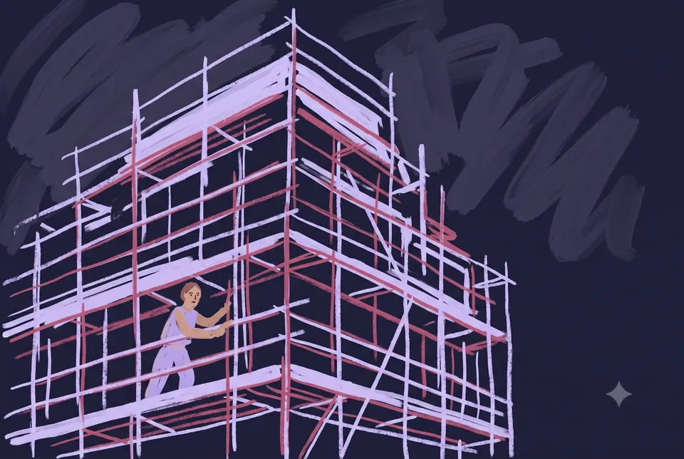 A person climbs scaffolding of lavender and crimson poles against a deep insignia night sky