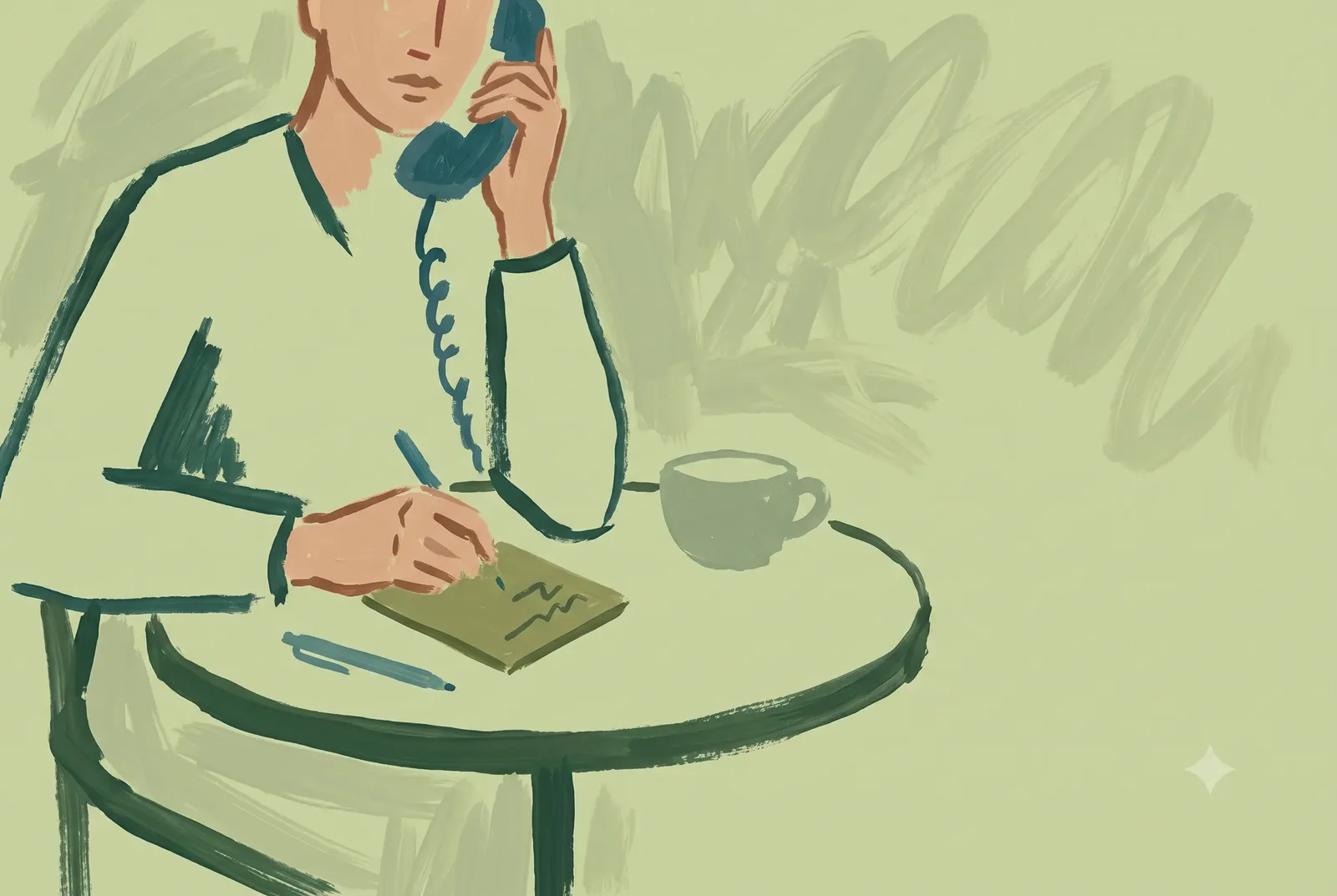 A person on the phone takes notes at a round table with a cup of tea, painted on a sage ground