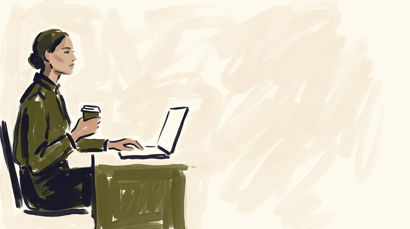 A woman in olive works at a laptop, coffee in hand, painted in loose gouache on a warm paper ground with the right side left quiet
