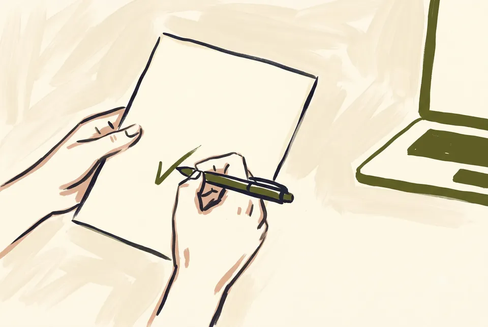 Hands mark a green tick on a blank page beside a laptop, hand-painted on a paper ground