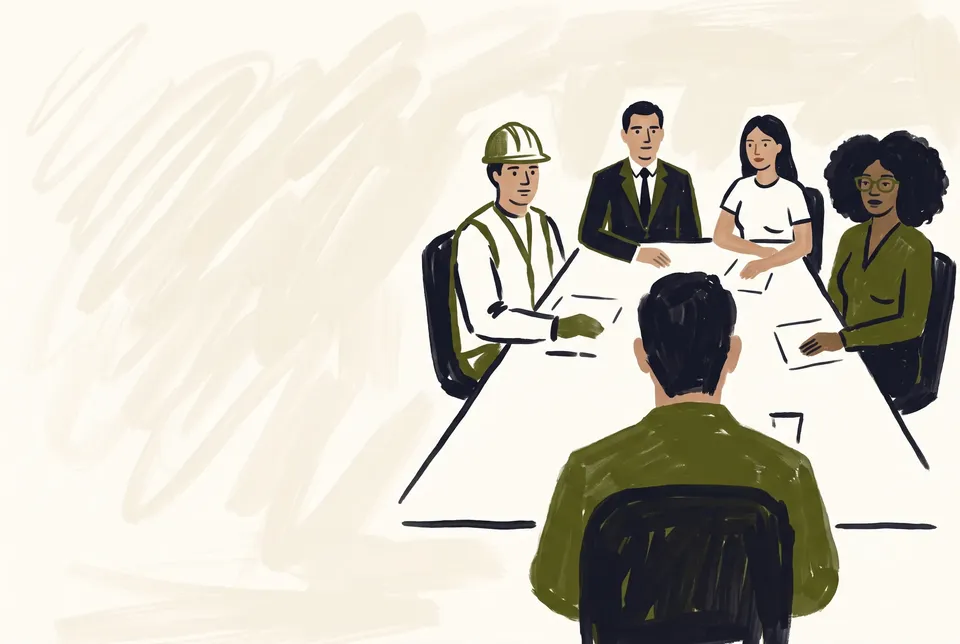 A person presents to a boardroom table of five, including a builder in a hard hat, painted on a paper ground