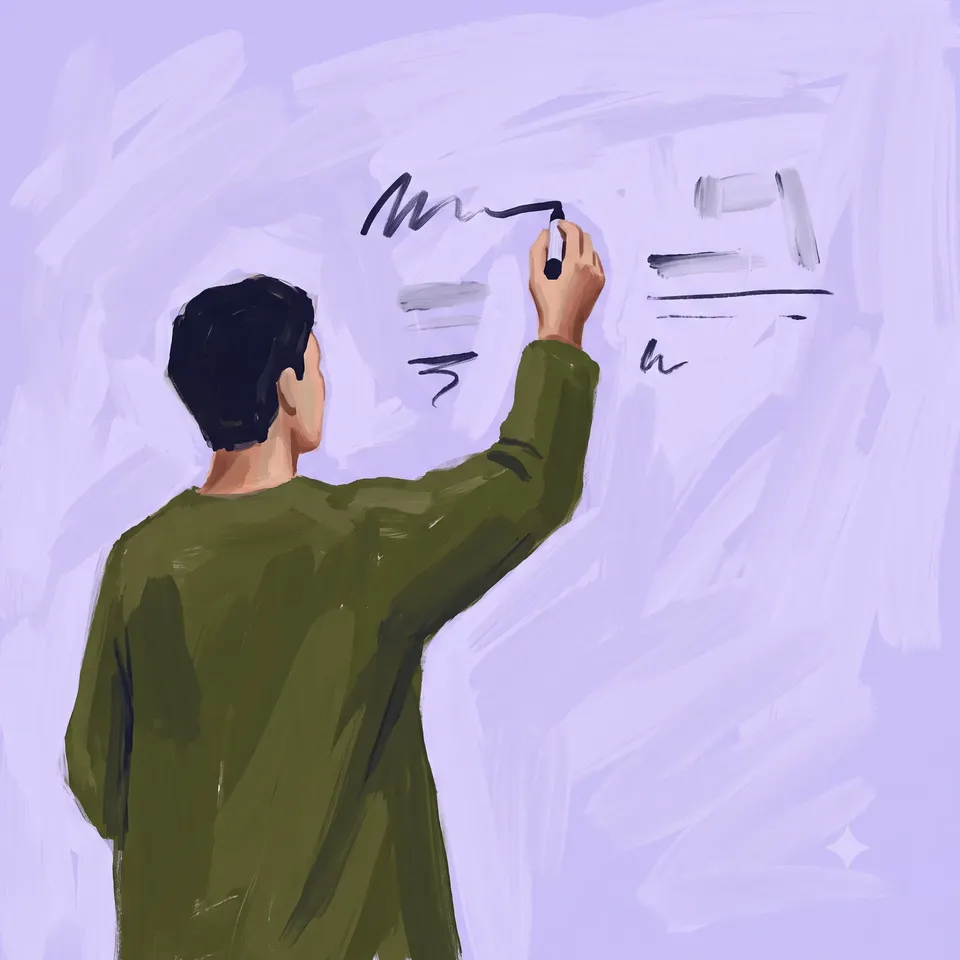 A person sketches wireframe shapes on a lavender wall in marker