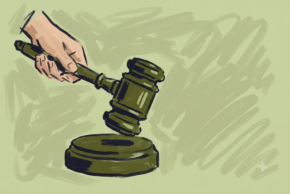 A hand brings down a gavel, painted in olive tones on a sage ground