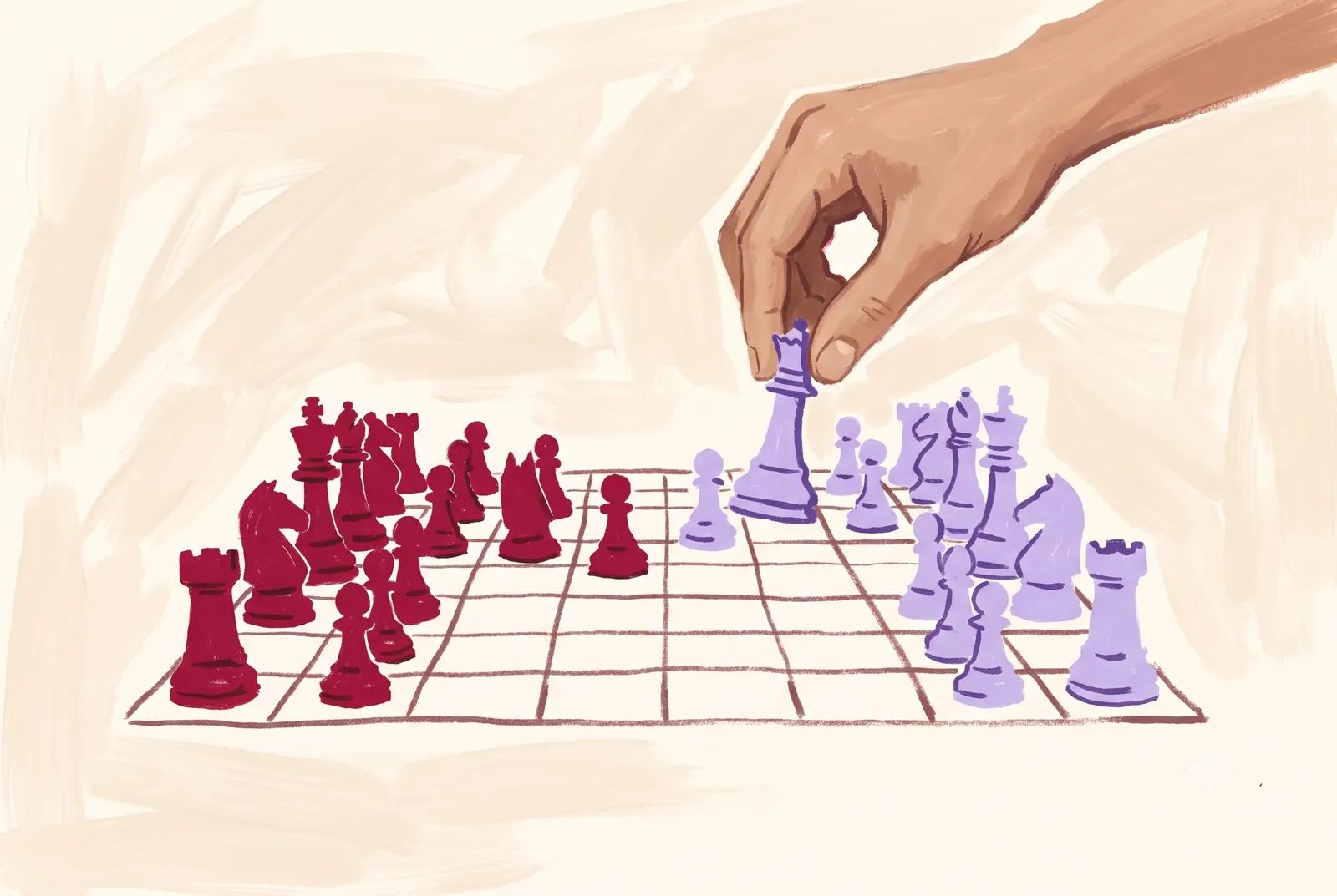 A hand moves a lavender queen across a chessboard of cranberry and lavender pieces on a paper ground