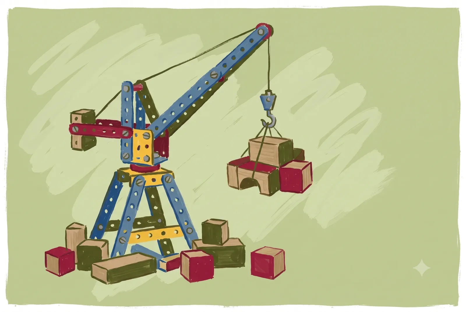 A toy construction crane lifts wooden blocks, painted on a sage ground
