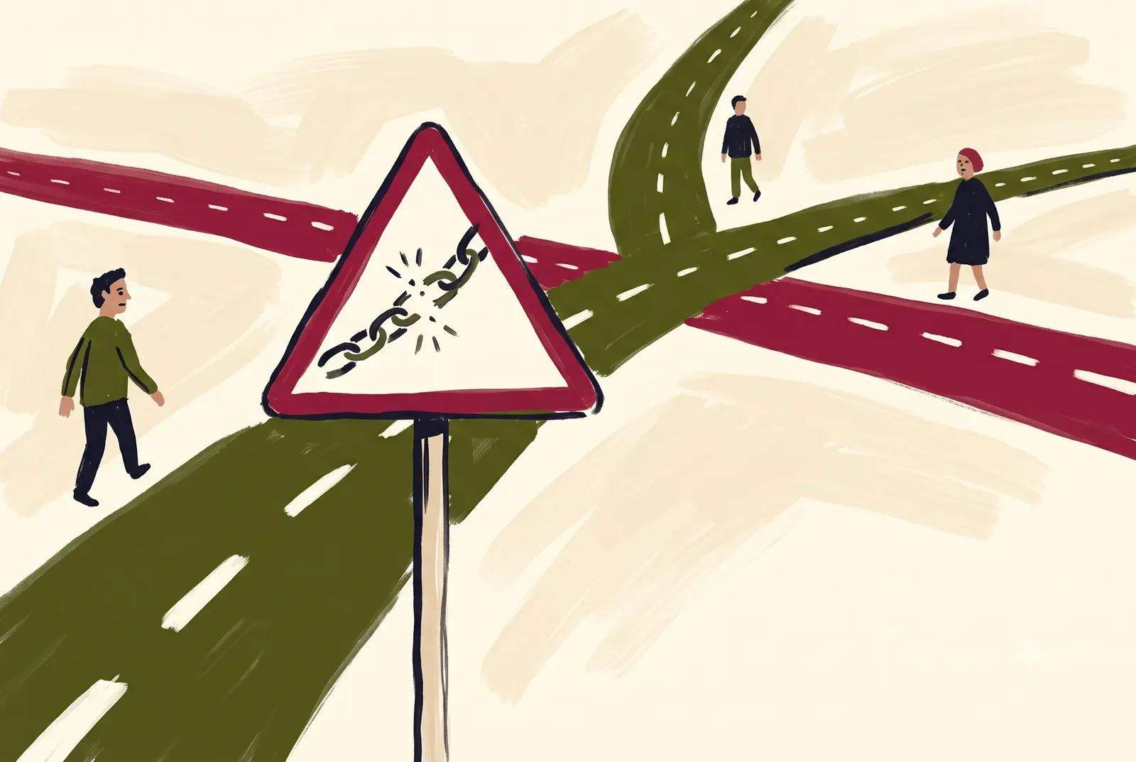 Three roads converge at a triangular warning sign painted with a chain about to break