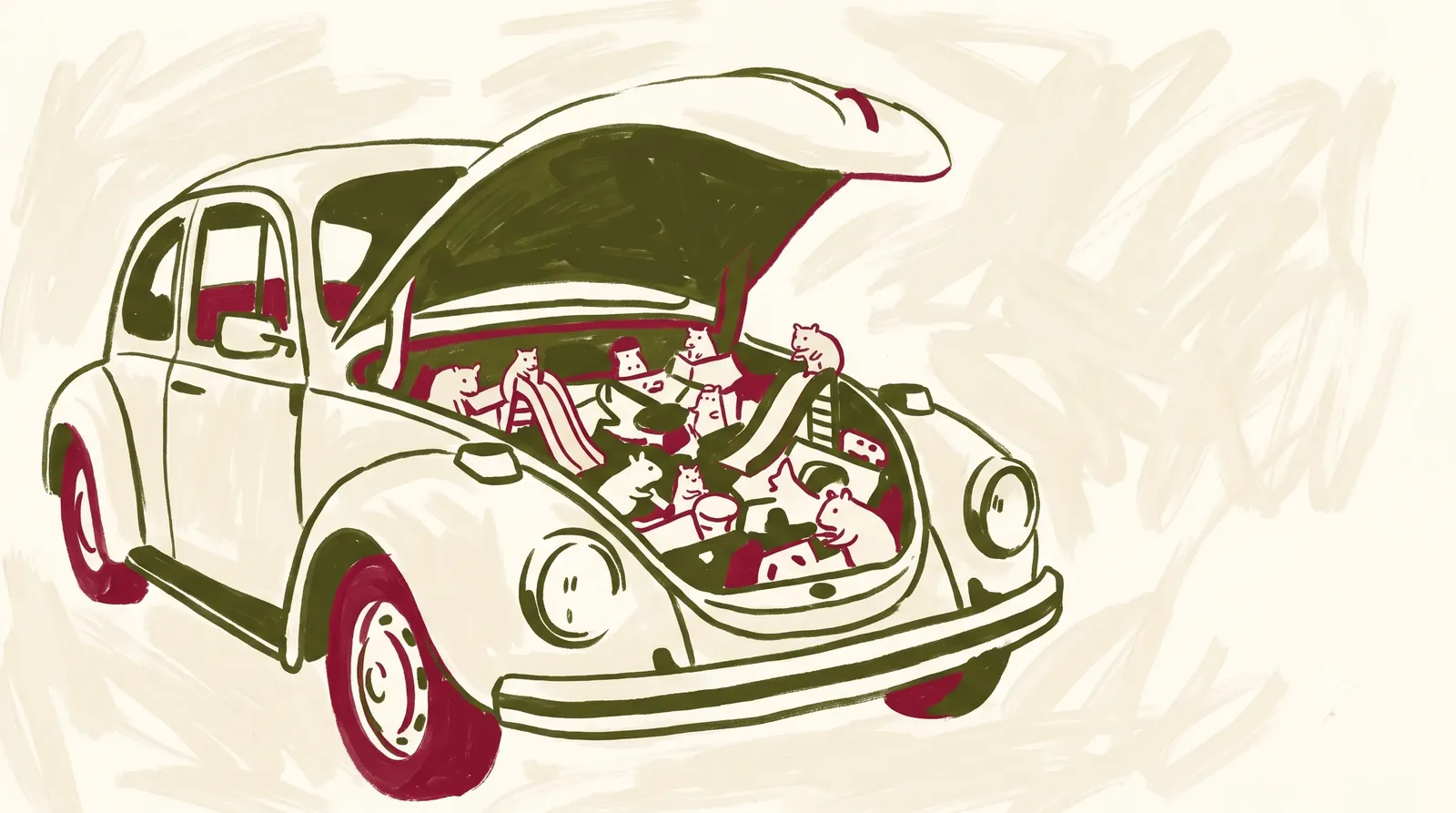 A vintage car with its bonnet open, revealing a crowd of cranberry mice working inside the engine bay
