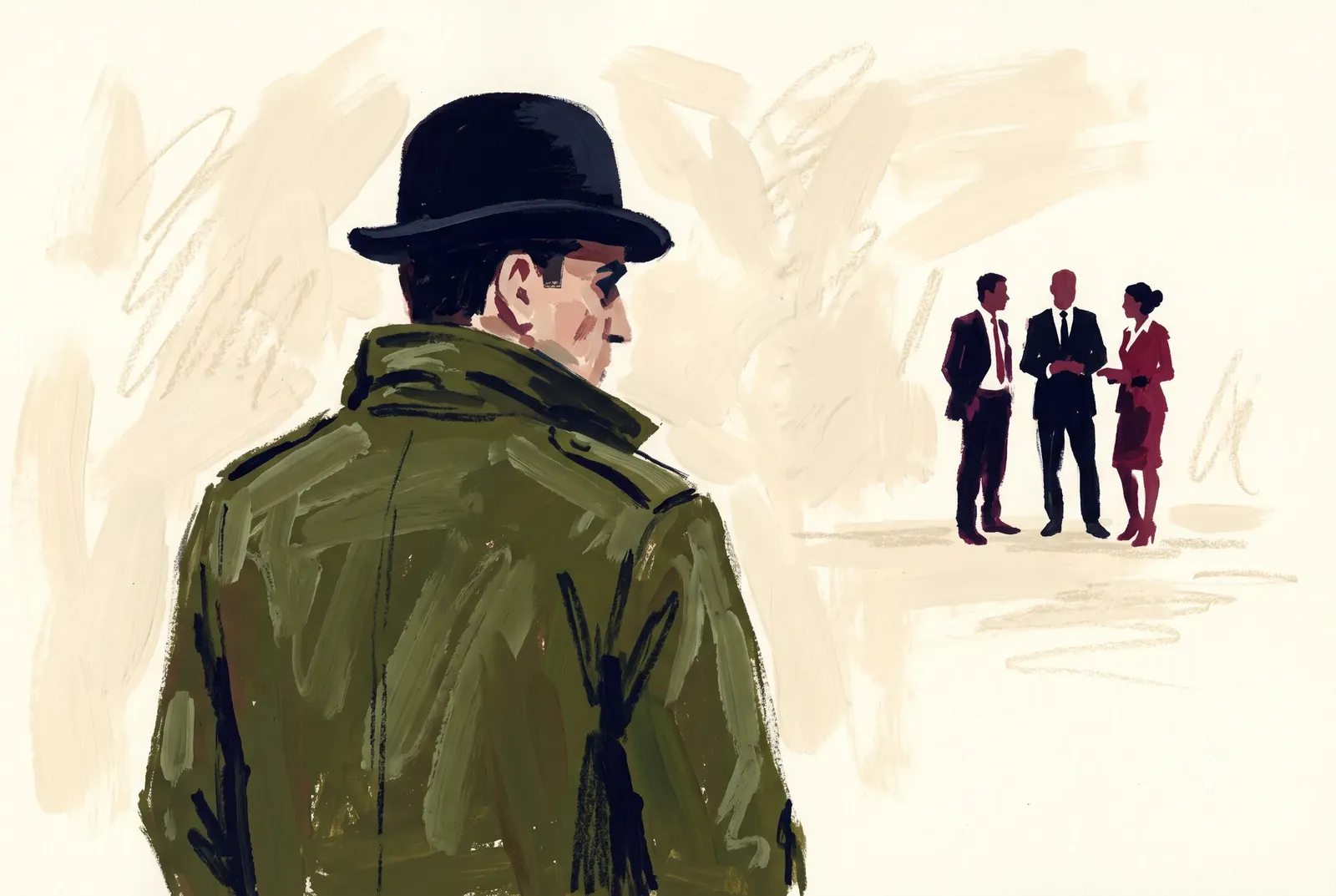 A man in a bowler hat and olive trench coat observes three business people talking in the distance