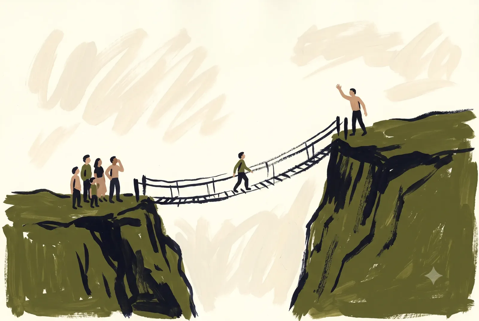 A group watches one person cross a rope bridge between two olive cliffs while another waves from the far side