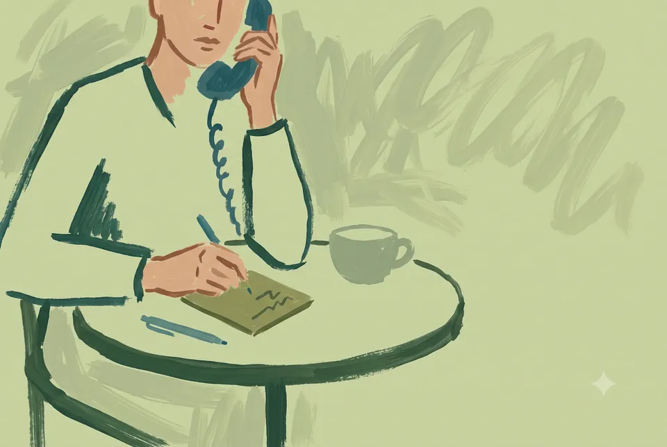 A person on the phone takes notes at a round table with a cup of tea, painted on a sage ground