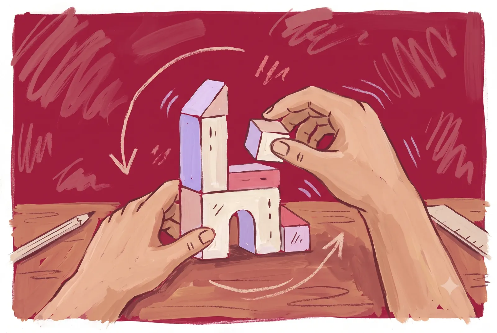 Hands stack paper and lavender toy blocks into a small tower on a cranberry ground
